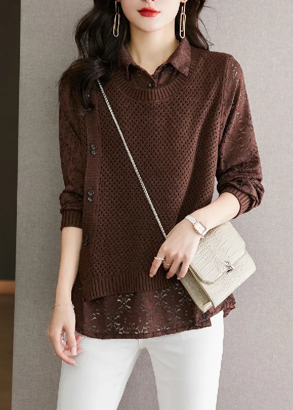 Smart Comfort Fine Coffee Peter Pan Collar Lace Patchwork False Two Pieces Knit Tops Fall
