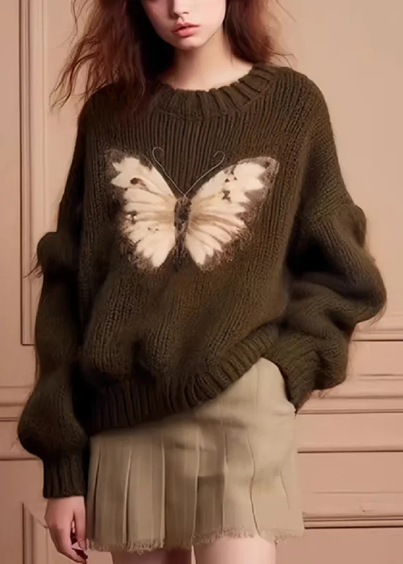 Simple Style New Brown O Neck Print Cozy Knit Sweater Fall