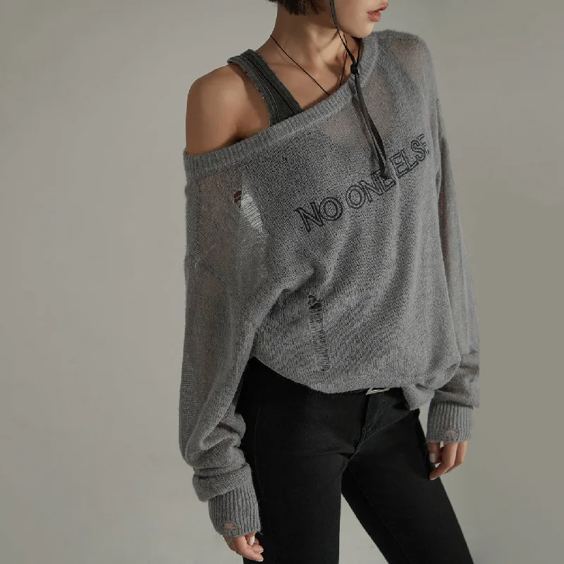 Cozy Fit Wear Distressed Ripped Thin Long Sleeved Knit Sweater