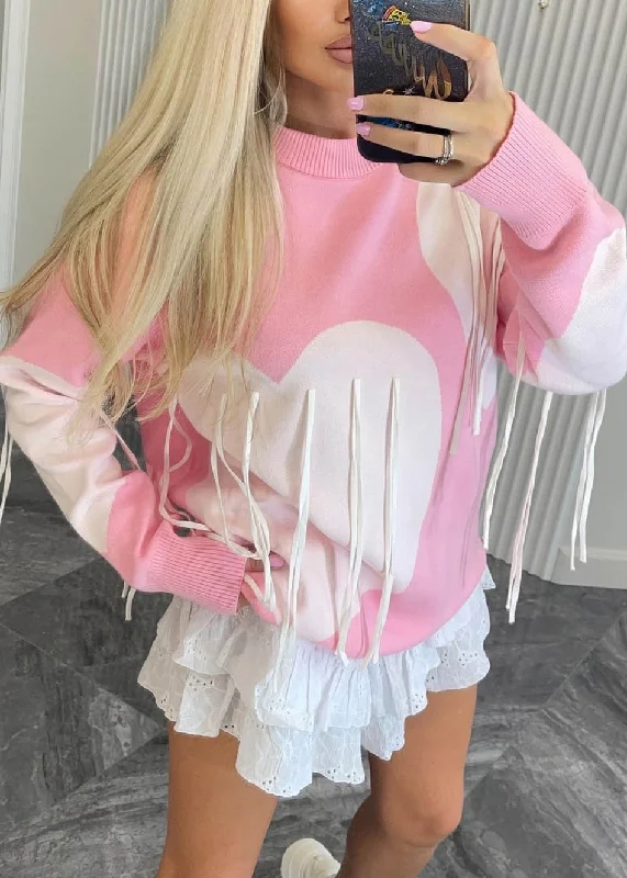 Carefree Style Style Pink O Neck Tassel Heart Knit Sweaters Fall