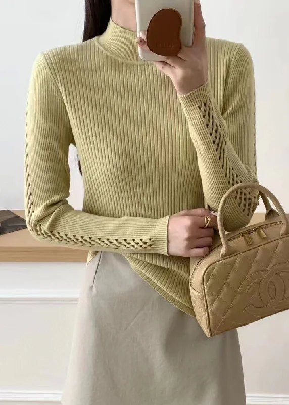 Classic Comfort Women Yellow Hollow Out Solid Knit Sweater Fall