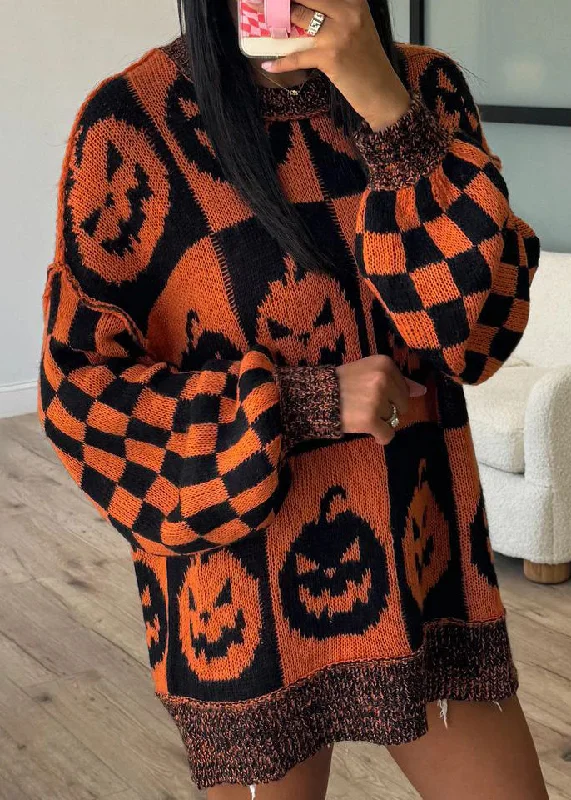 High-end Design Women Orange O Neck Jacquard Thick Knitted Sweaters Fall