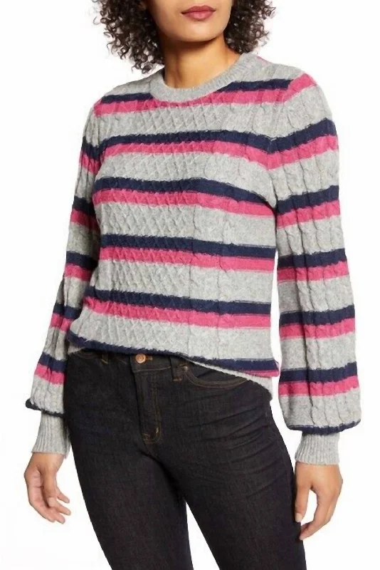 Sports Trend X Atlantic-Pacific Striped Cable Knit Lovely Stripe Sweater In Pink, Grey