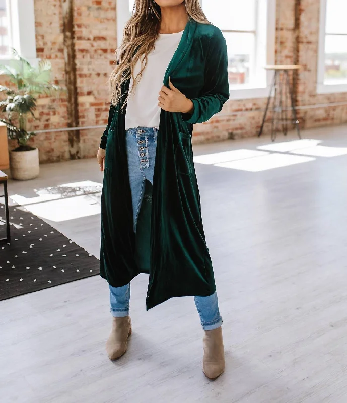 Urban Chic Eve Velvet Long Cardigan In Green