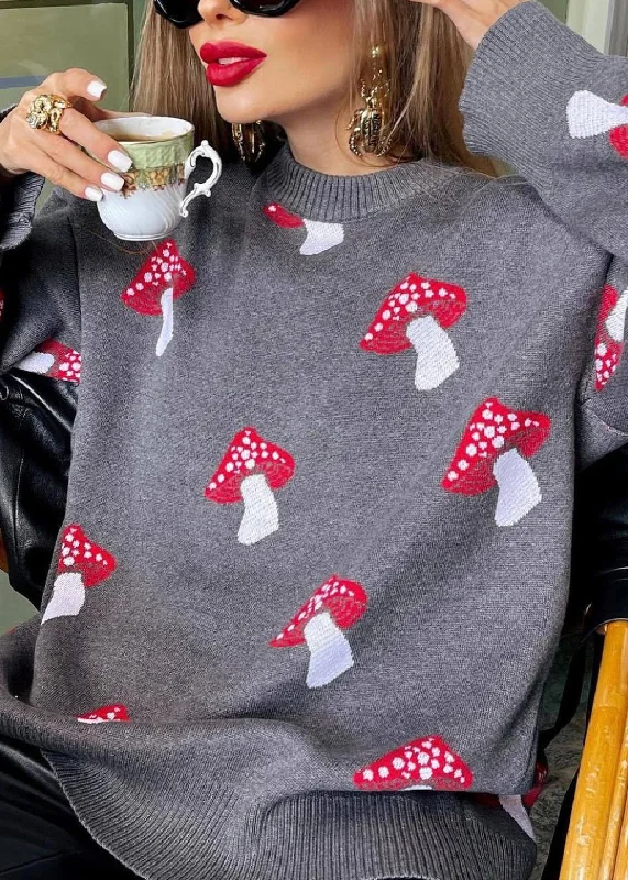 Fresh And Capable Fashion Grey O Neck Jacquard Thick Knit Sweater Fall