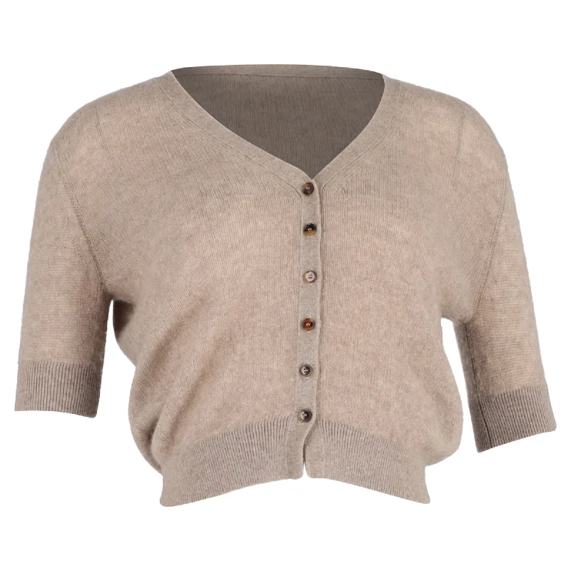 New Design Khaite Dianna Short Sleeve Cardigan in Brown Cashmere