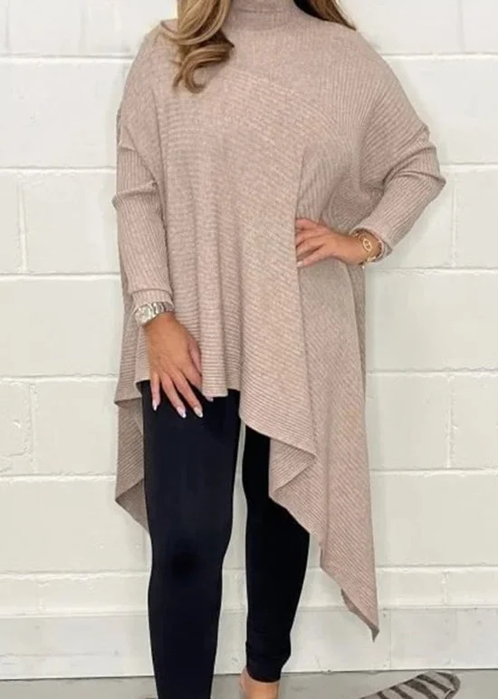 Personalized Outfit Unique Khaki Hign Neck Asymmetrical Knit Top Fall