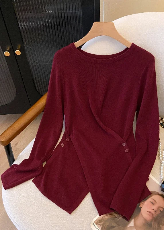 Fashion Must-have French Red O Neck Asymmetrical Design Knit Top Fall