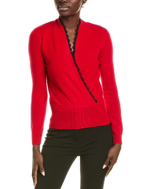 Soft Fashion sofiacashmere Lace Trim Surplice Cashmere Sweater