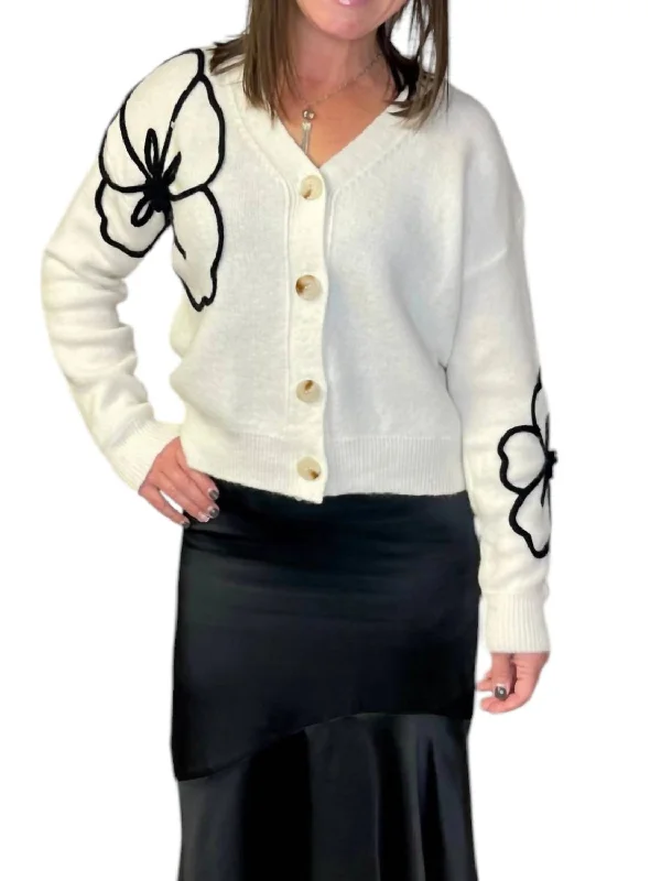 High-end Wear Black Floral Cardigan In Ivory