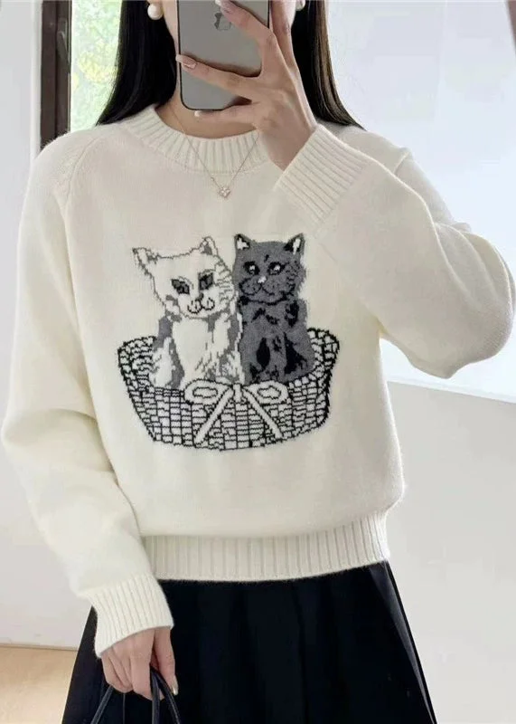 Relaxed Looks New White O Neck Animal Cozy Knit Sweaters Fall
