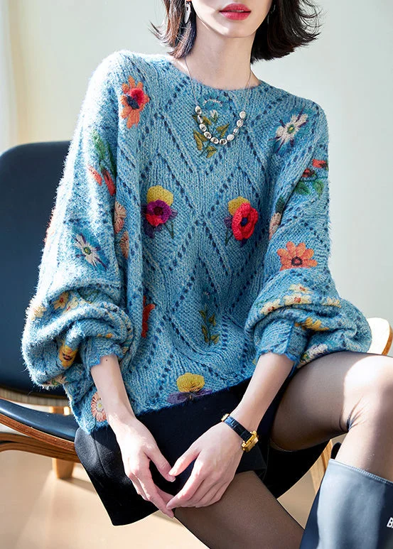 American Style Floral Blue O-Neck Hollow Out Knit Sweaters Fall