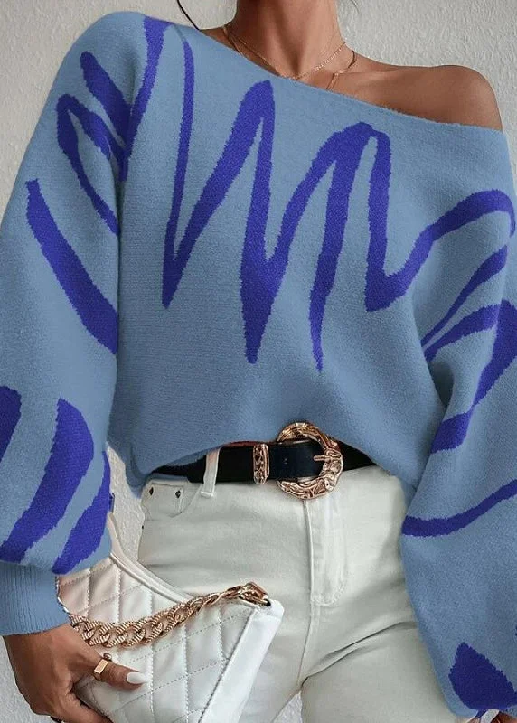 French Style Fashion Blue Slash Neck Knit Sweaters Lantern Sleeve