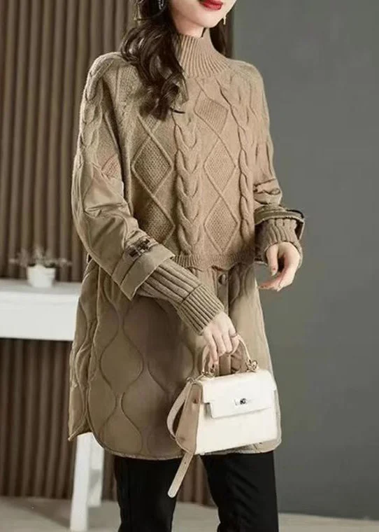 Cozy Footwear Stylish Khaki High Neck Thick Patchwork Knit Sweaters Fall
