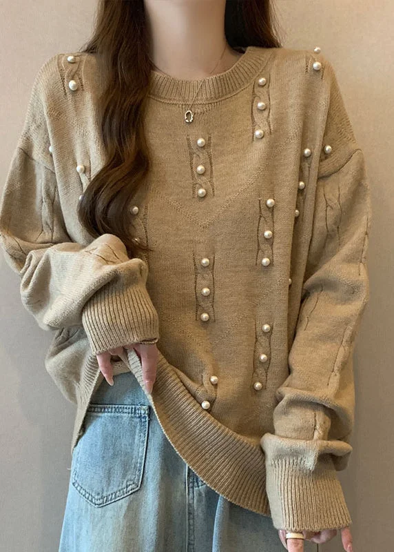 Perfect Tailoring Handmade Khaki Oversized Nail Bead Knit Sweater Tops Fall
