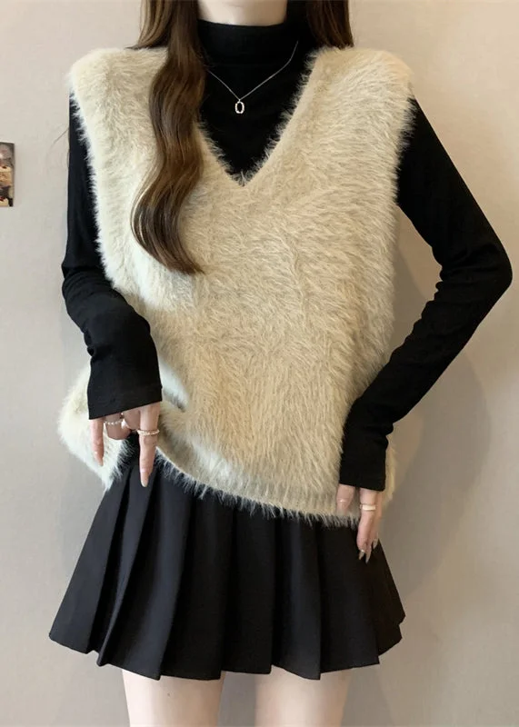 Dressing Tips DIY Beige V Neck Cozy Faux Fur Knit Top Fall