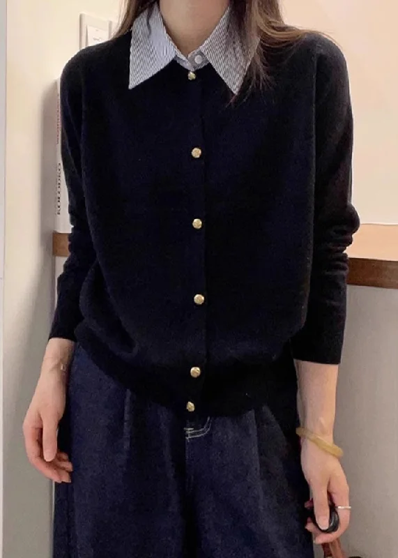 Relaxed Wear French Black Peter Pan Collar Button Patchwork Knit Top Fall