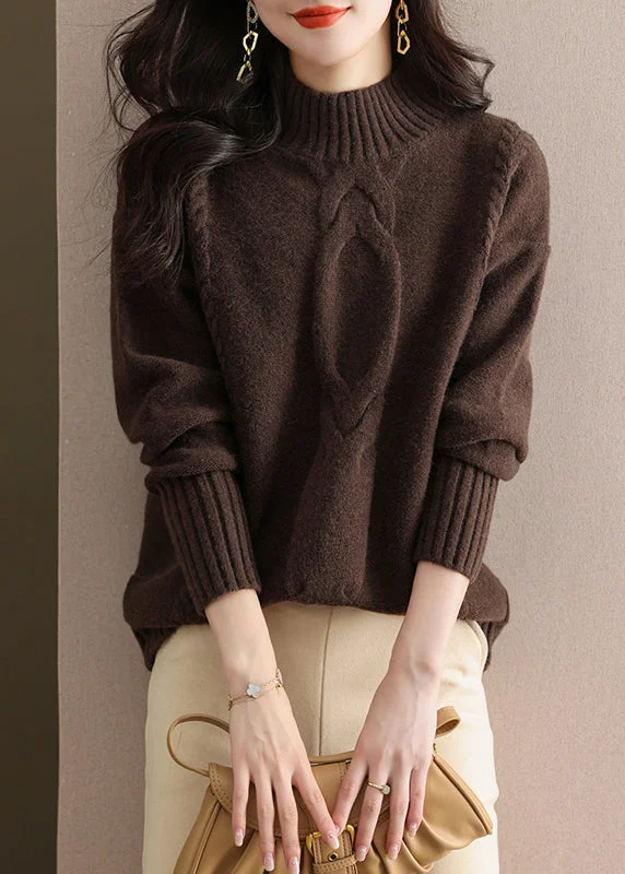 Comfortable Sweaters Women Coffee Half Hign Neck Thick Patchwork Knitted Sweaters Fall