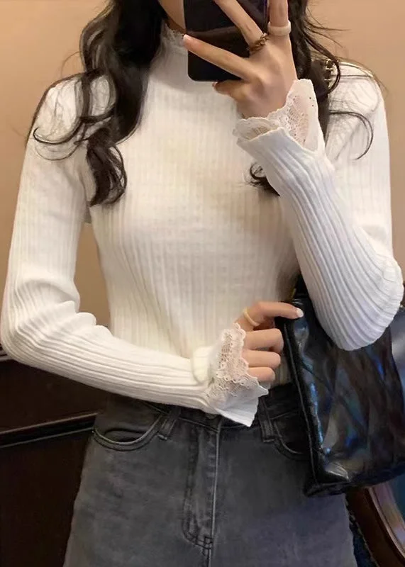 Effortless Elegance Women White Solid Lace Patchwork Knit Sweaters Fall
