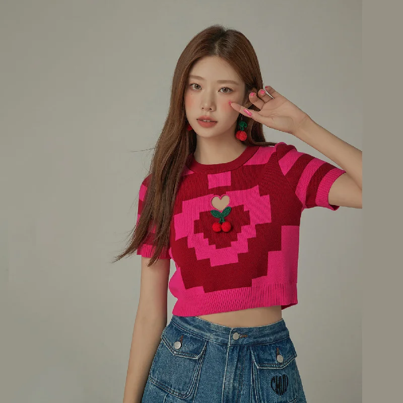 Floral Prints Pixel Pattern Heart Cutout Color Knit Sweater
