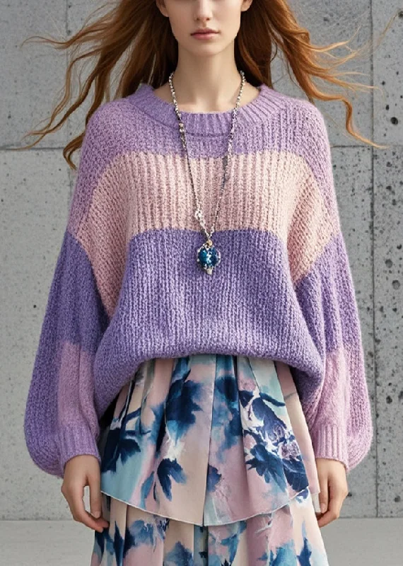 New Products French Lavender Oversized Patchwork Cozy Sweaters Fall