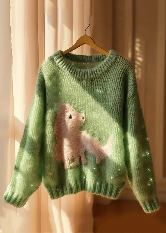 Stylish Wear New Green Print Hollow Out Knit Sweater Fall