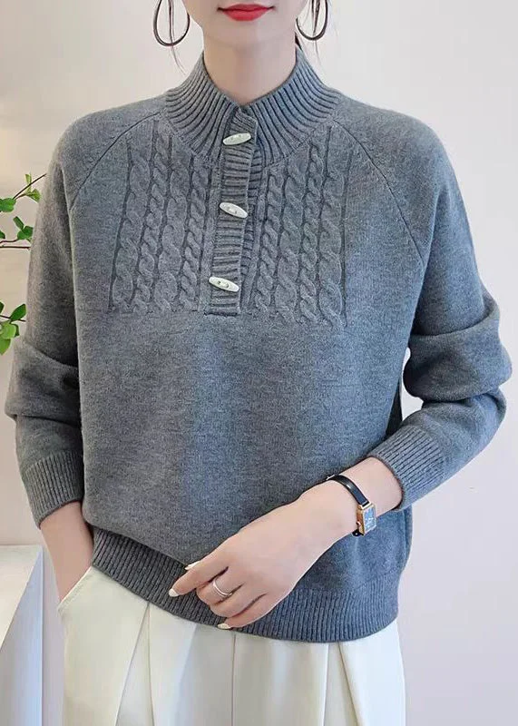 Timeless Outfits Art Grey Button Solid Thick Knit Sweater Fall
