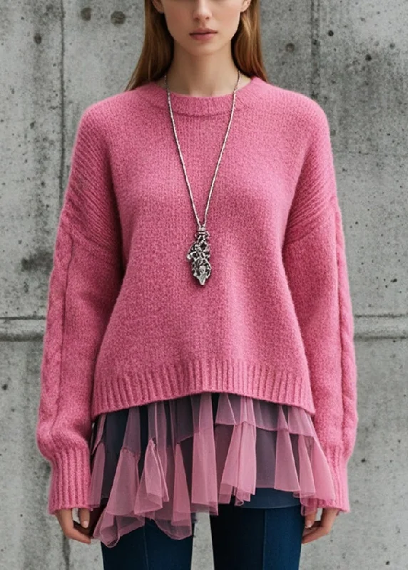 Lazy Home Rose Patchwork Tulle Knit Sweater Oversized Thick Fall