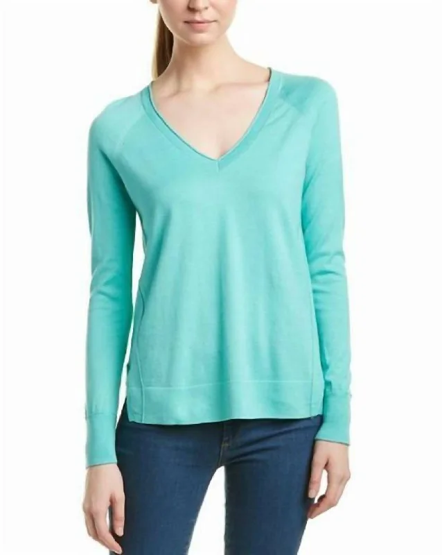 Spiritual Vitality V-Neck Pullover Cotton Side Slits Sweater In Blue