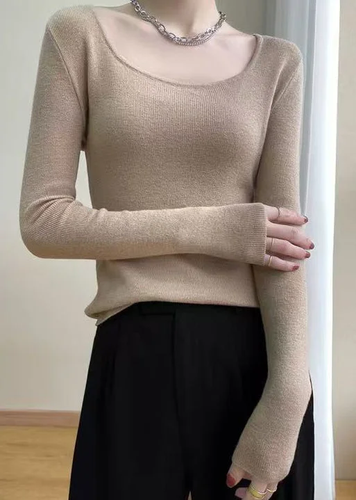 Relaxed Style Slim Fit Light Camel O Neck Solid Wool Knit Top Fall