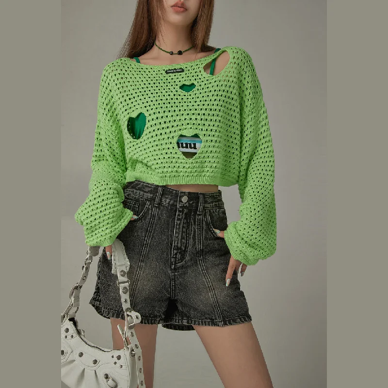 Personalized Wear Heart Cutout Long Sleeve Crop Knit Sweater