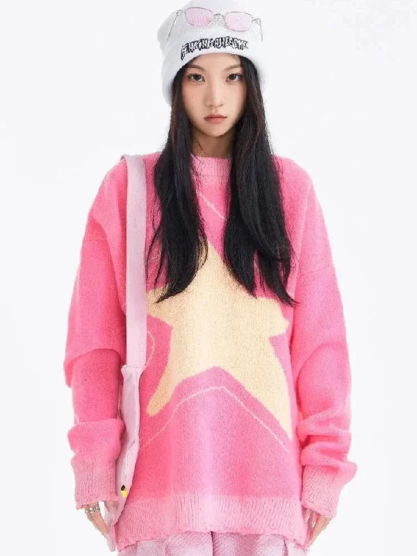 Sports Style Y2K Star Distressed Sweater