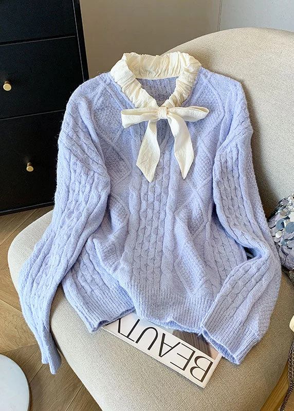 Cozy Essentials Wear French Blue Bow Patchwork Knit Sweaters Tops Fall