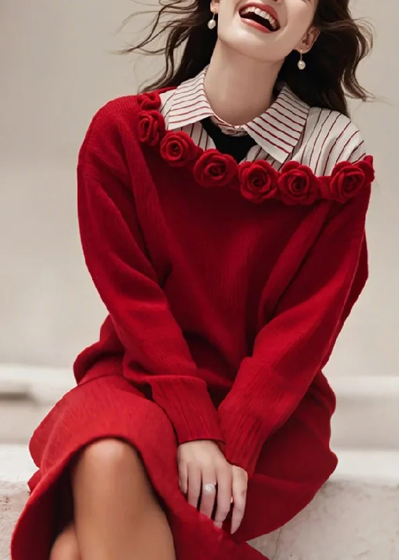 Carefree Style Floral Red Slash Neck Solid Knit Sweater Dress Fall