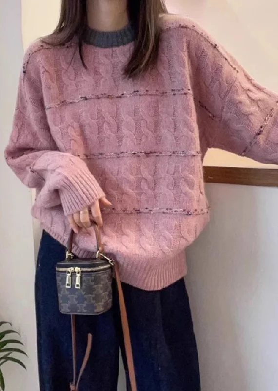 Soft Touch New Pink O Neck Cozy Patchwork Knit Sweaters Fall