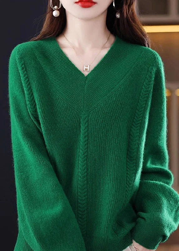Fashion Must-have Cozy Green V Neck Solid Knit Knit Sweaters Fall