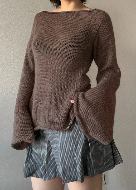 New Autumn And Winter Styles European And American Coffee Backless Lace Up Flared Sleeve Knit Top