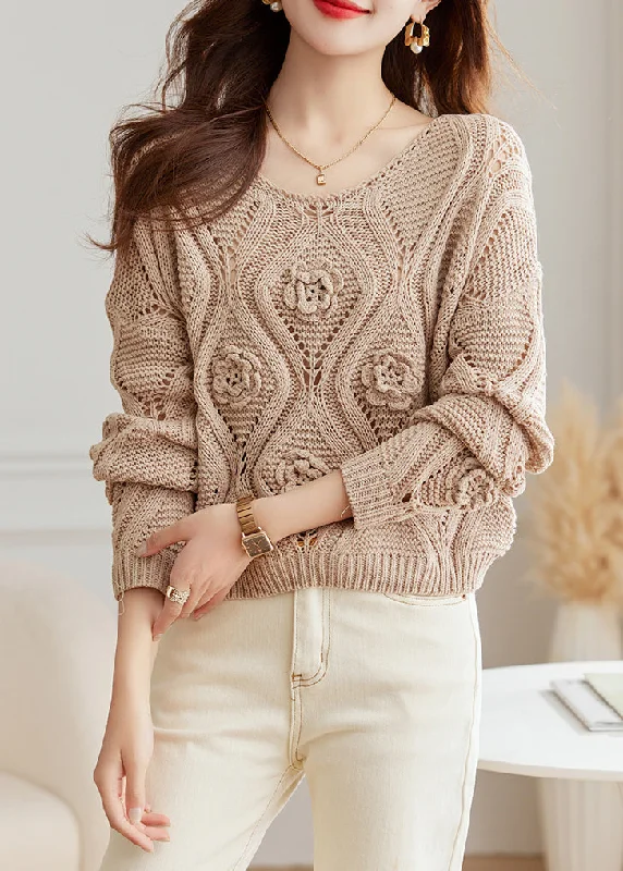 Trendy Traveler Floral Light Camel O Neck Hollow Out Knit Sweaters Fall