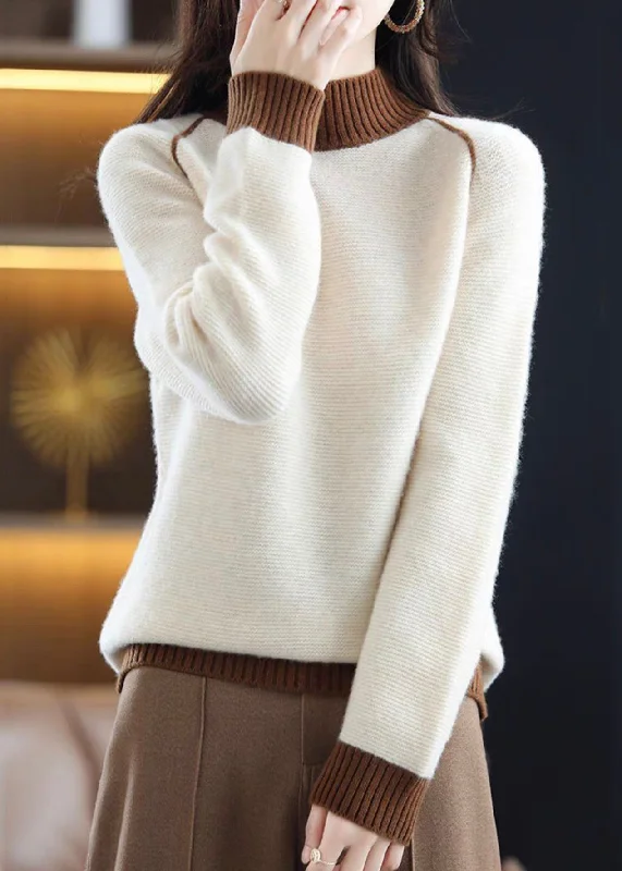 Basic Comfort Elegant Beige Turtleneck Cozy Patchwork Wool Knit Sweaters Fall