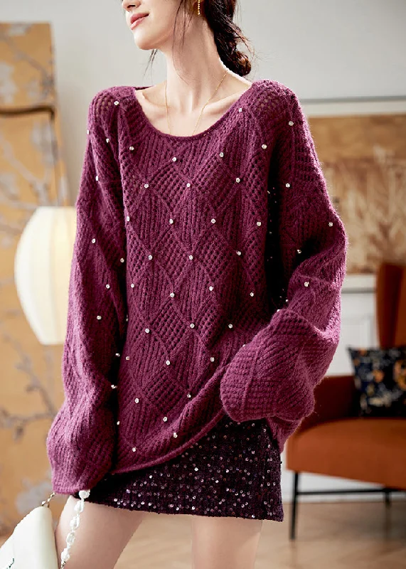 New Products Elegant Purple O Neck Zircon Knit Sweaters Fall