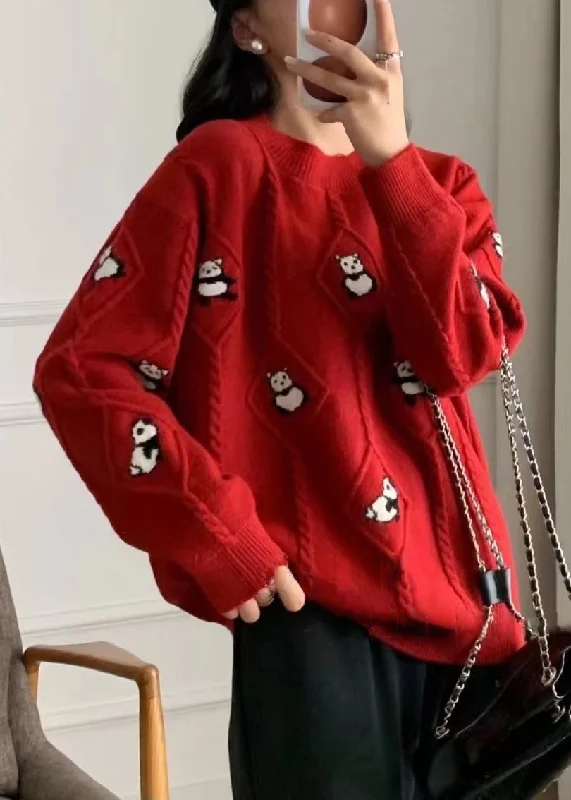 Weekend Comfort Wear French Red Animal Cozy Knit Sweaters Fall