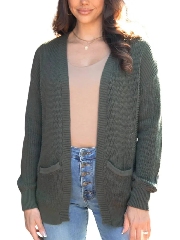 Celebrity Style Slouchy Knit Pocket Cardigan In Deep Olive