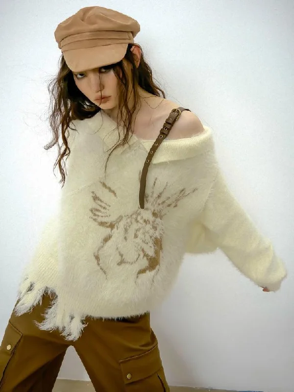 Versatile Wear Off Shoulder Distressed Knit Sweater