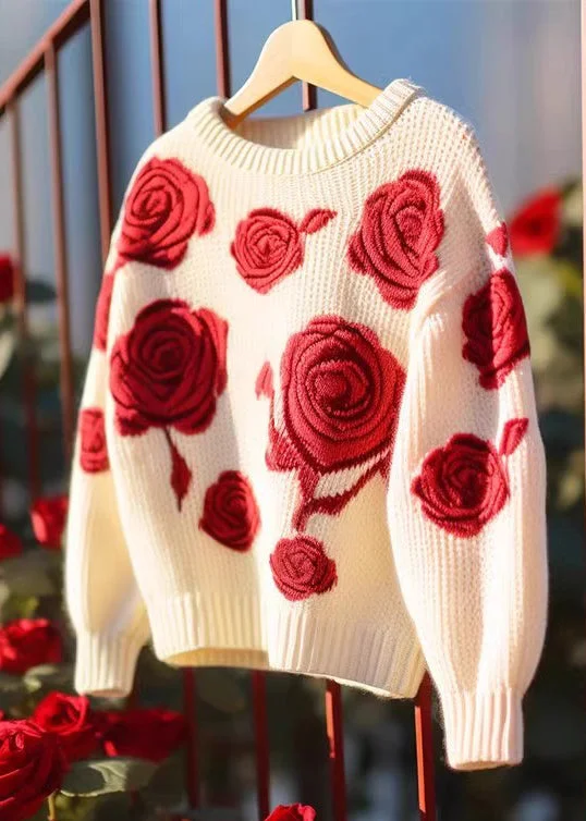 Casual Comfort Floral Red Hollow Out Cozy Knit Sweaters Fall