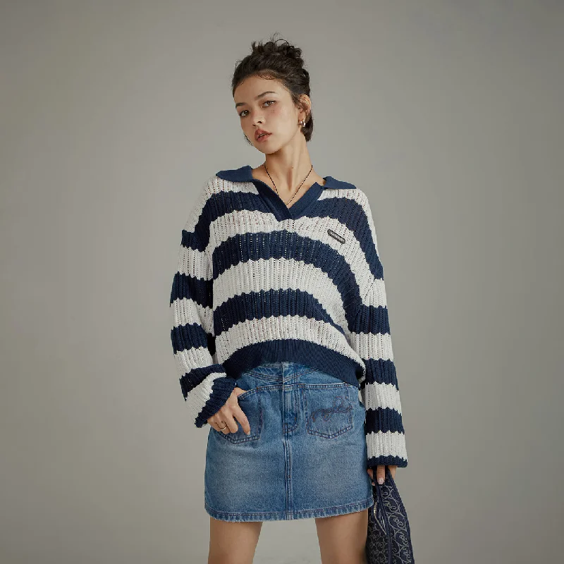 Casual And Versatile Color Combination Stripe Open Collar Knit Sweater