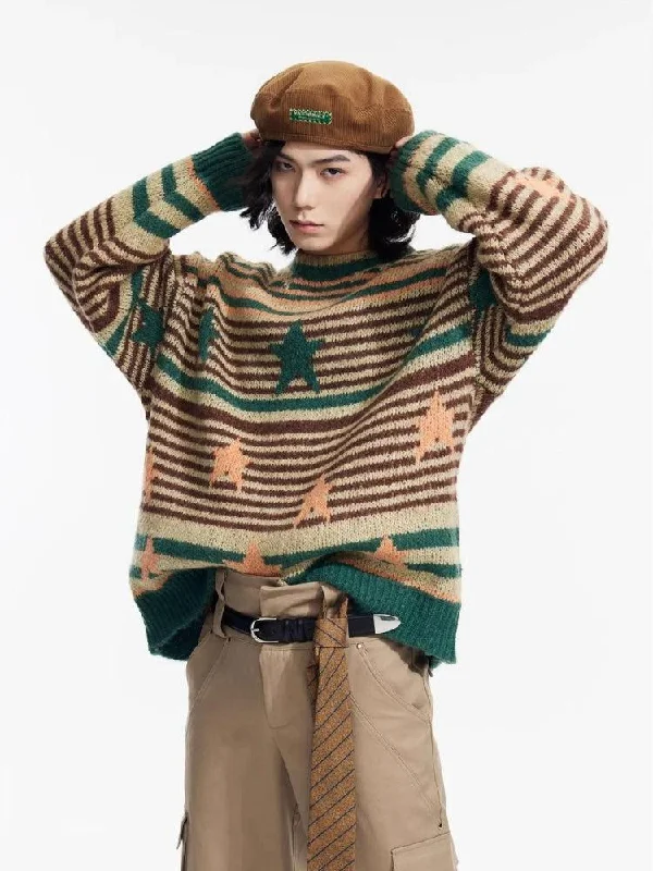 British Style Y2K Vintage Stars Striped Knitted Sweater