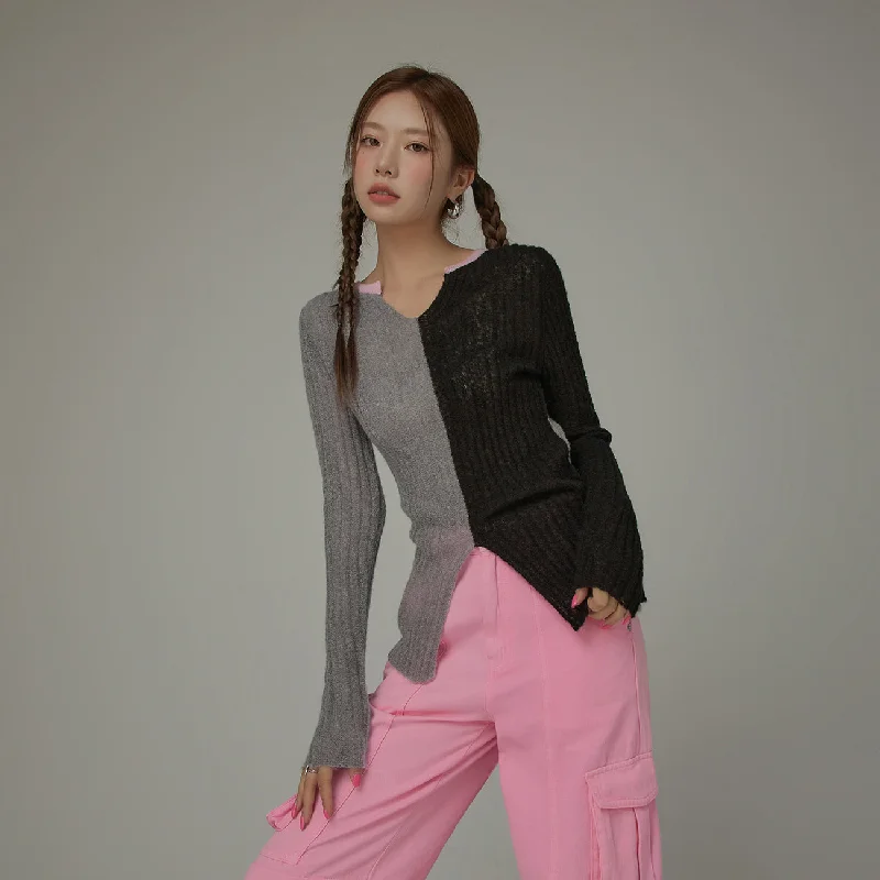 Effortless Wear Bicolor Block Long Sleeves Knit Sweater