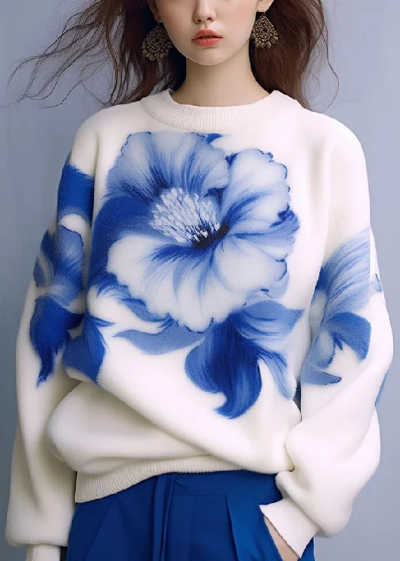 Street Cool New White O Neck Print Cozy Knit Sweaters Fall