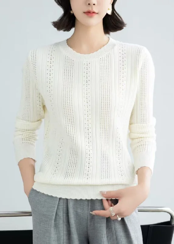 Fashion And Simplicity Simple Beige O Neck Hollow Out Knit Sweater Fall