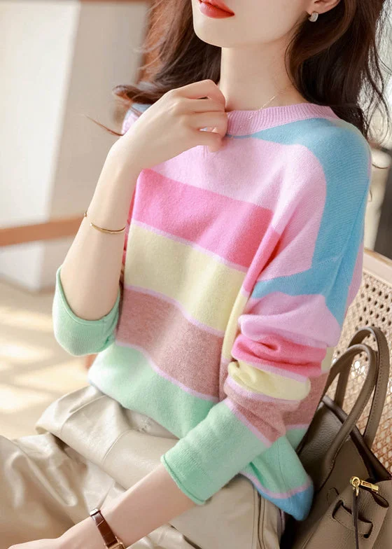 Elegant Wear Stylish Rainbow O Neck Cozy Knit Sweaters Fall